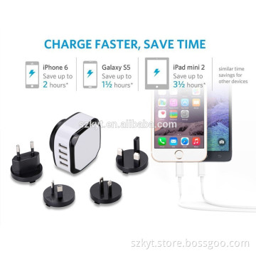 Cheap Wholesale 4 Port USB Travel Charger For Iphone cell phone, Interchangeable Plug Universal Usb Charger